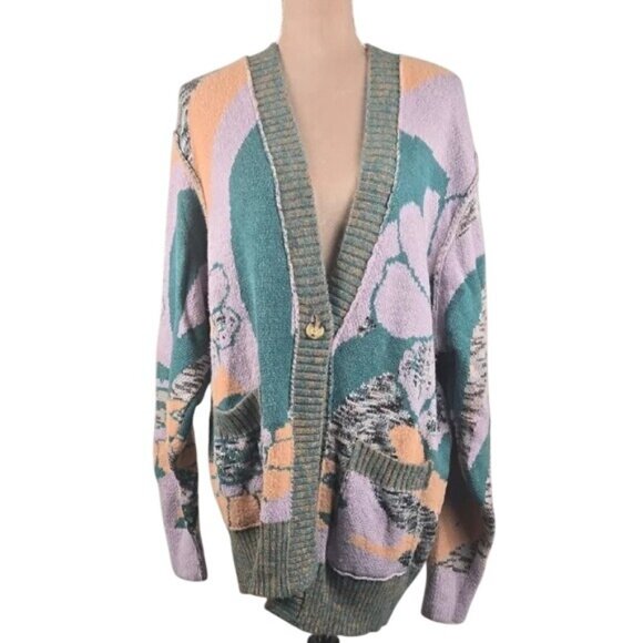 Free People August Orchid Teal Combo Chunky Knit Wool Oversized Cardigan - Picture 6 of 9